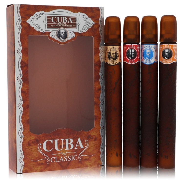 Cuba Gold by Fragluxe Gift Set -- Cuba Variety Set includes All Four 1.15 oz Sprays Cuba Red Cuba Blue Cuba Gold and Cuba Orange (Men)