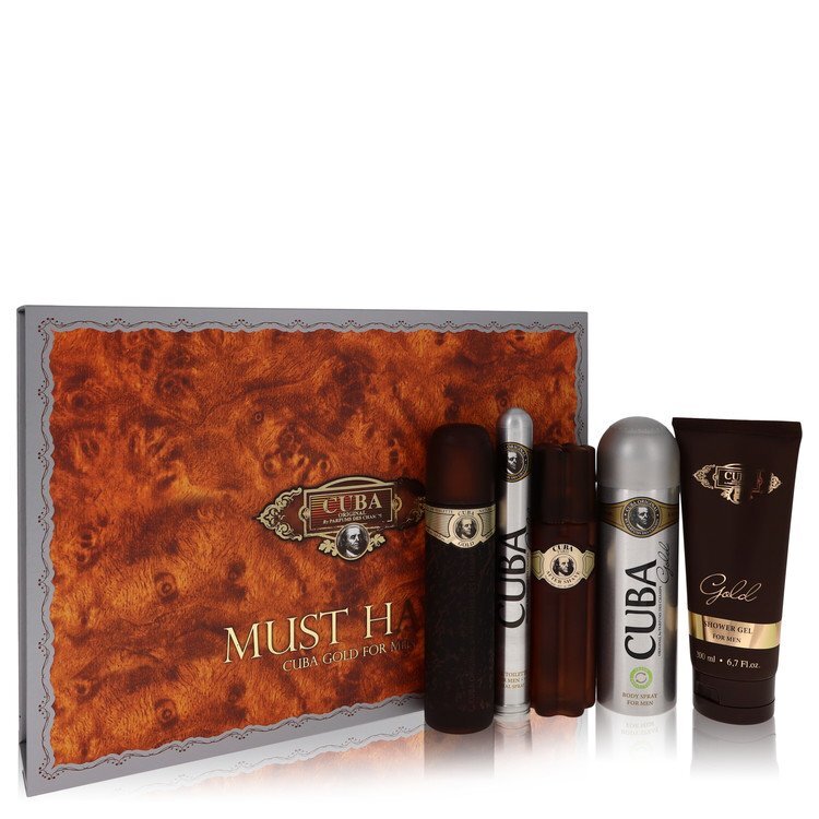 Cuba Gold by Fragluxe Gift Set -- 3.3 oz Eau De Toilette Spray + 3.3 oz After Shave Spray + 6.7 oz Body Deodorant Spray + 6.7 oz Shower Gel + 1.17 oz EDT Spray (Men)